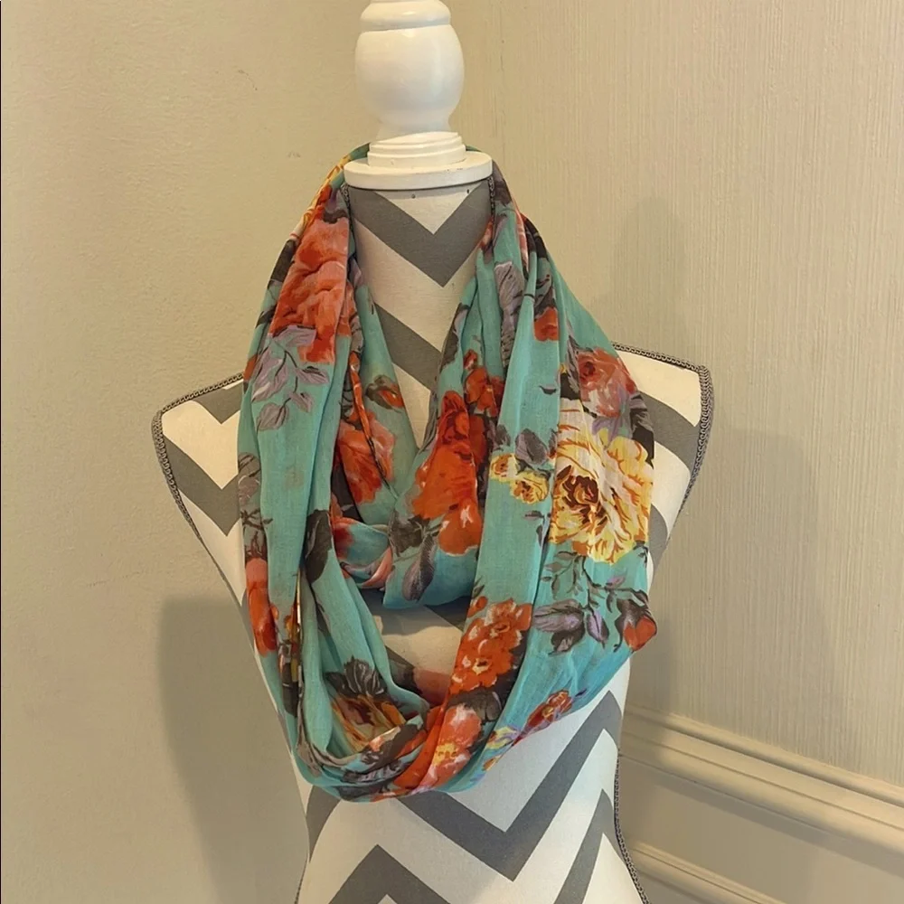 Teal Orange Floral Women's Infinity Scarf Ring Loop Blossom Pattern Lightweight